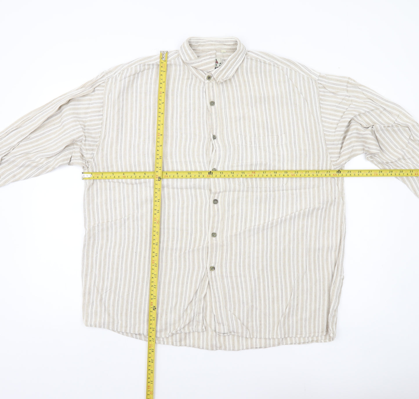 Natif Men’s Beige Striped Linen Cotton XL Casual Button-Up Shirt