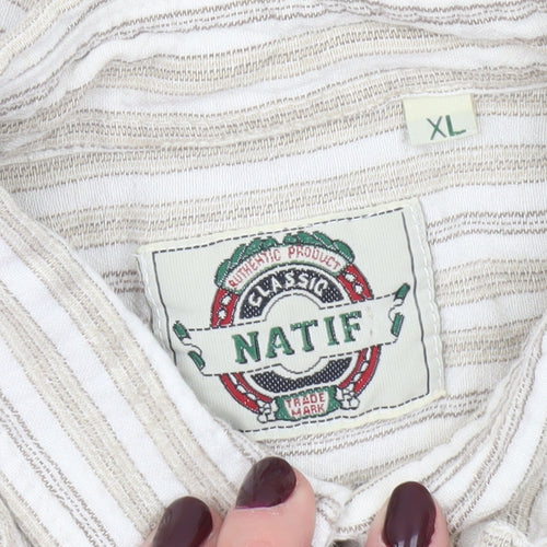 Natif Men’s Beige Striped Linen Cotton XL Casual Button-Up Shirt
