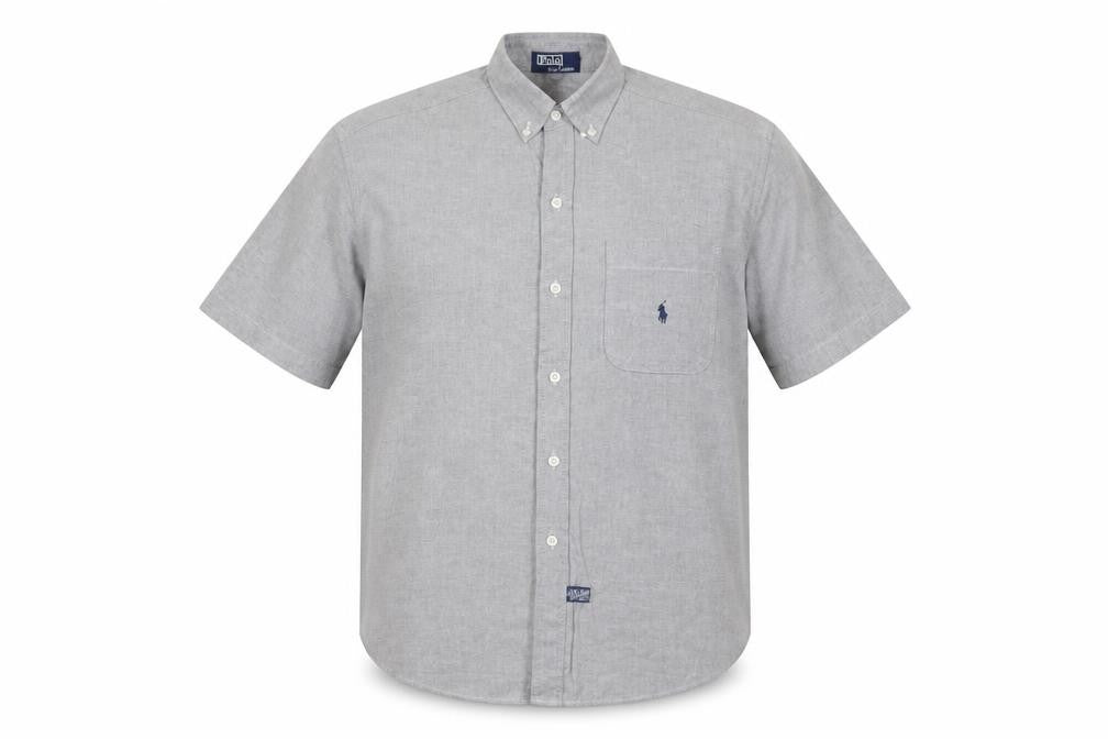 Front view of Polo Men’s Grey Cotton Short Sleeve Button-Down Shirt M