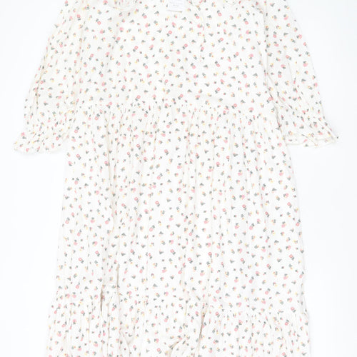 New Look Women White Floral Midi A-Line Dress Size 8 Long Sleeve