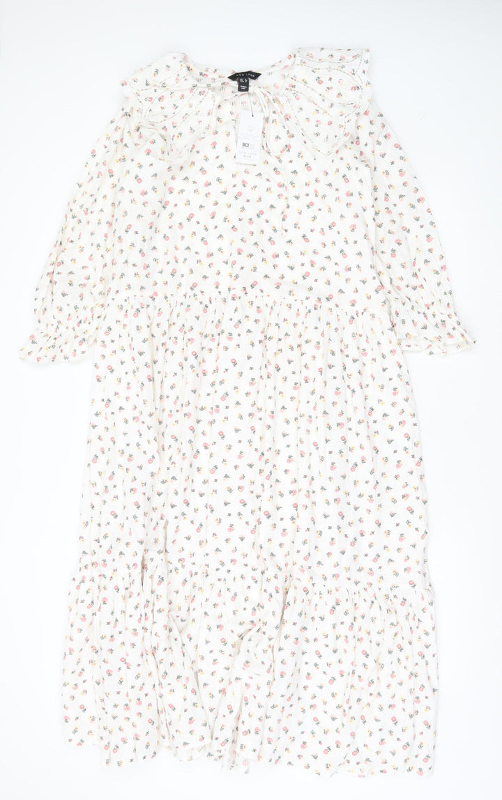New Look Women White Floral Midi A-Line Dress Size 8 Long Sleeve