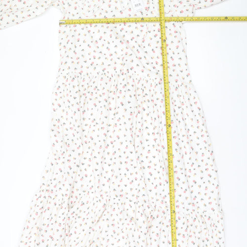 New Look Women White Floral Midi A-Line Dress Size 8 Long Sleeve