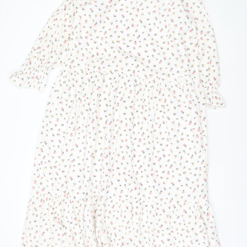 New Look Women White Floral Midi A-Line Dress Size 8 Long Sleeve