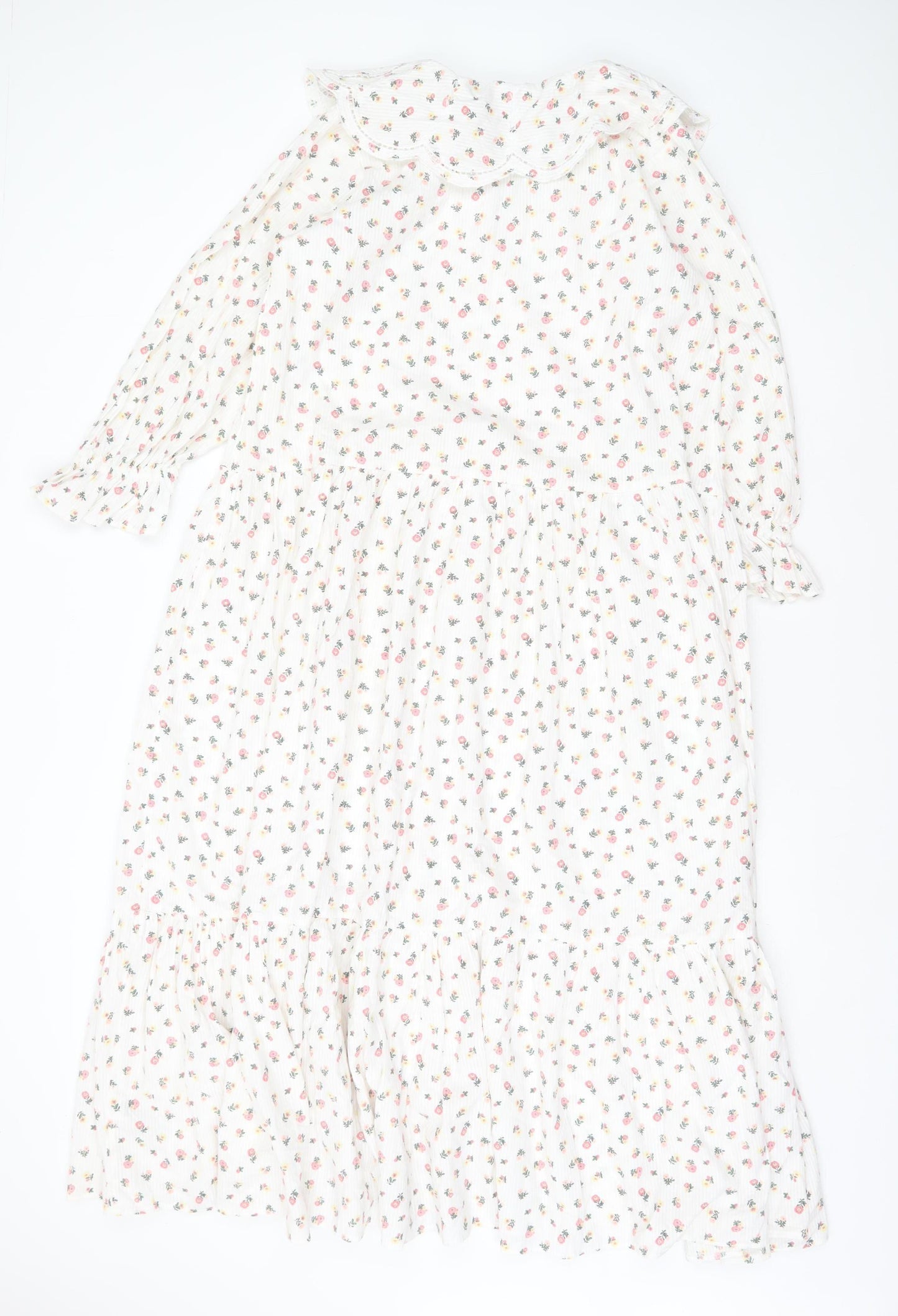 New Look Women White Floral Midi A-Line Dress Size 8 Long Sleeve