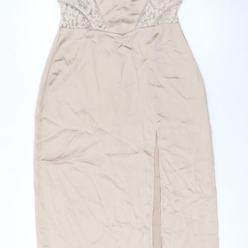 Zara Women Beige Midi Bodycon Dress Size 14 Lace Satin Party