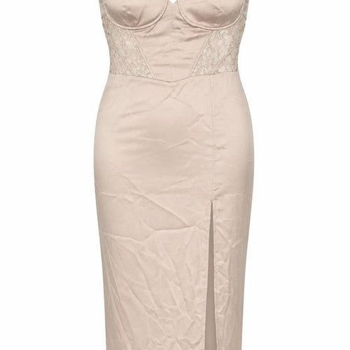 Zara Women Beige Midi Bodycon Dress Size 14 Lace Satin Party