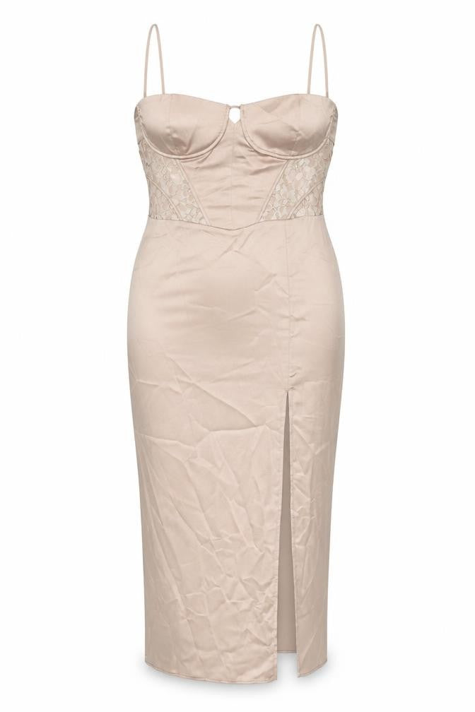 Zara Women Beige Midi Bodycon Dress Size 14 Lace Satin Party