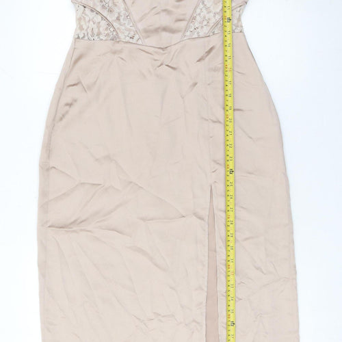 Zara Women Beige Midi Bodycon Dress Size 14 Lace Satin Party