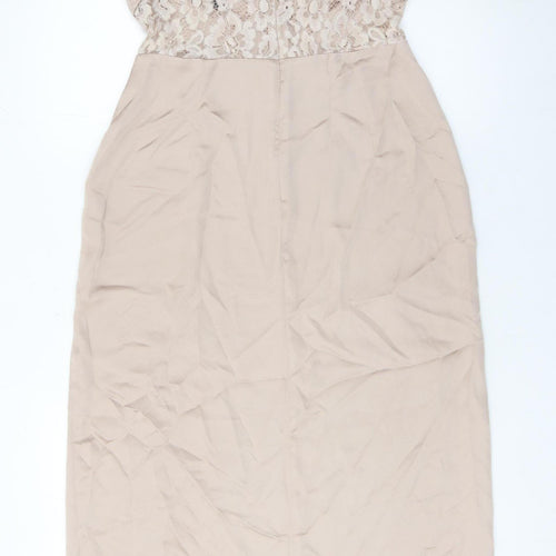 Zara Women Beige Midi Bodycon Dress Size 14 Lace Satin Party