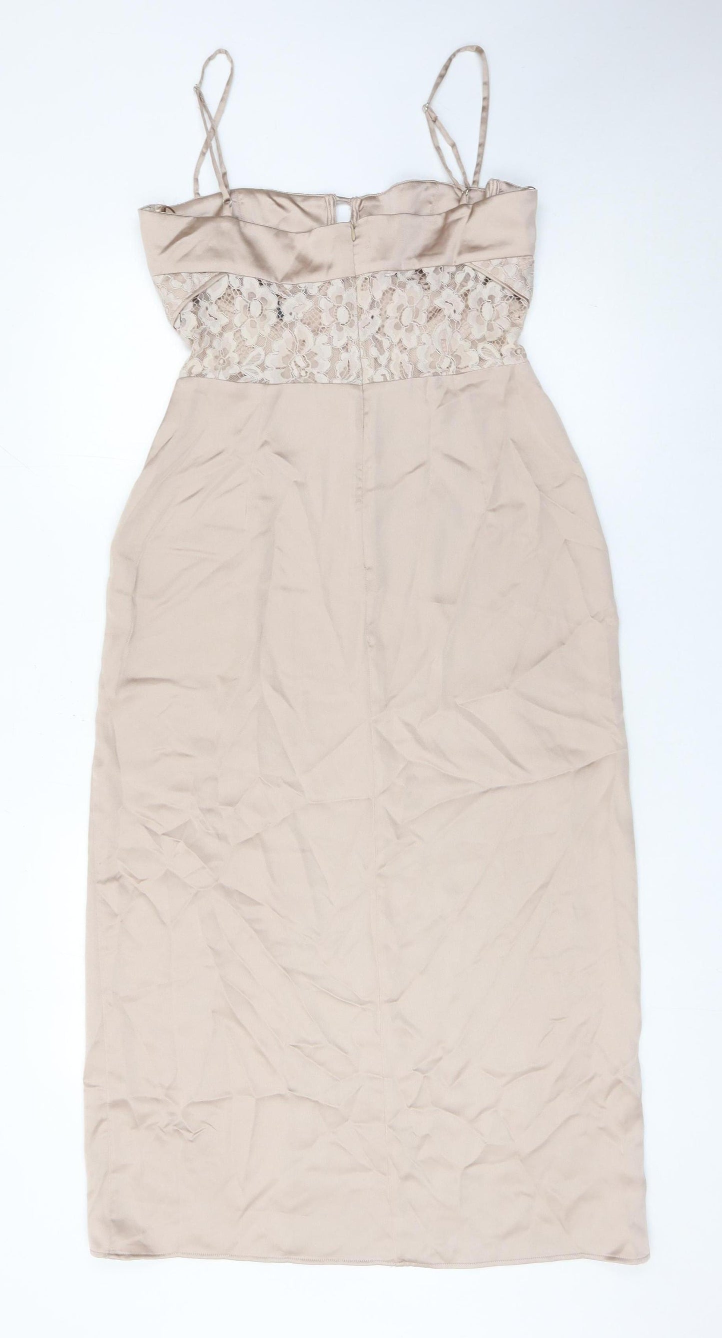 Zara Women Beige Midi Bodycon Dress Size 14 Lace Satin Party