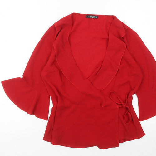 Quiz Womens Red Wrap Blouse Size 10 Bell Sleeve V-Neck Top