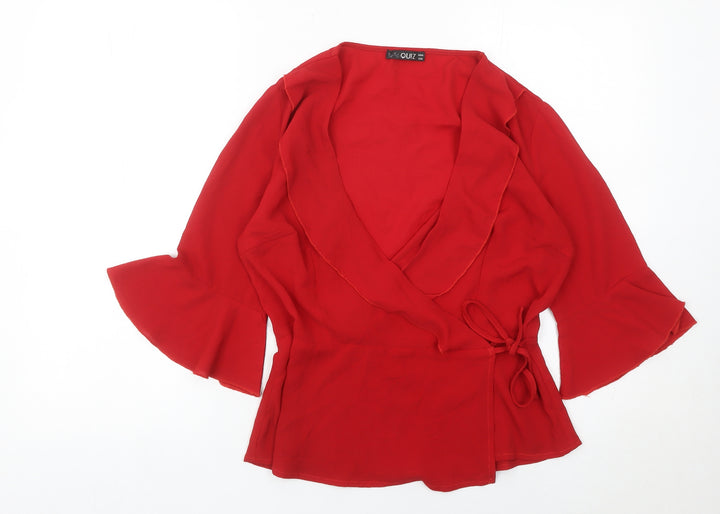 Quiz Womens Red Wrap Blouse Size 10 Bell Sleeve V-Neck Top