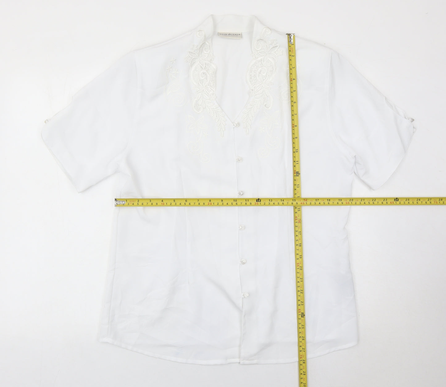 C&A Women White Embroidered Short Sleeve Blouse Size 16