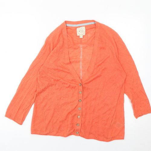White Stuff Women’s Orange Linen Cotton Cardigan UK 12 V-Neck 3/4 Sleeve