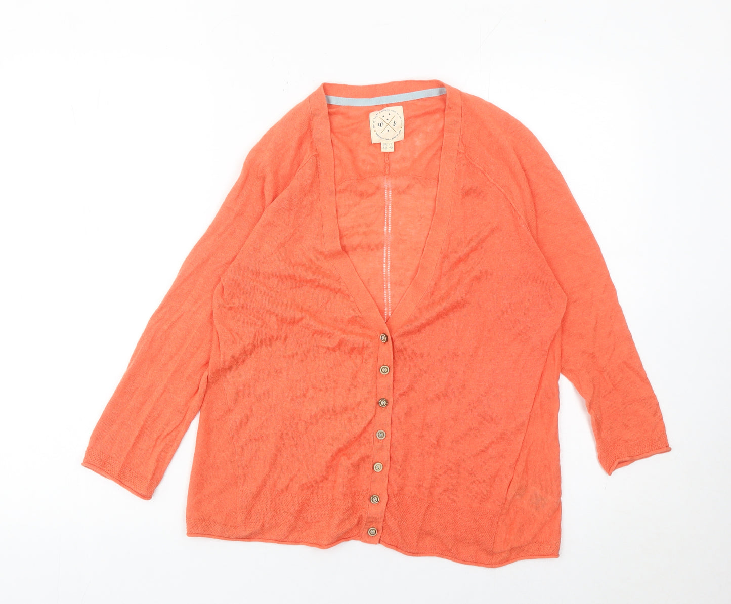 White Stuff Women’s Orange Linen Cotton Cardigan UK 12 V-Neck 3/4 Sleeve
