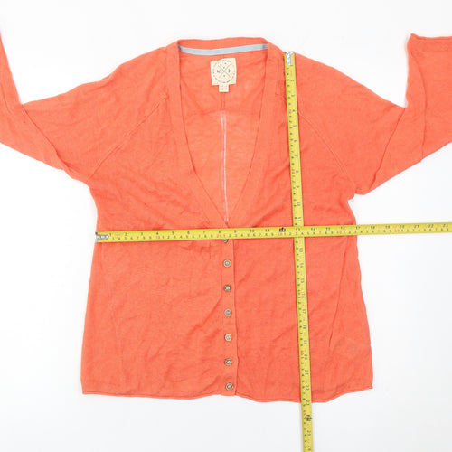 White Stuff Women’s Orange Linen Cotton Cardigan UK 12 V-Neck 3/4 Sleeve