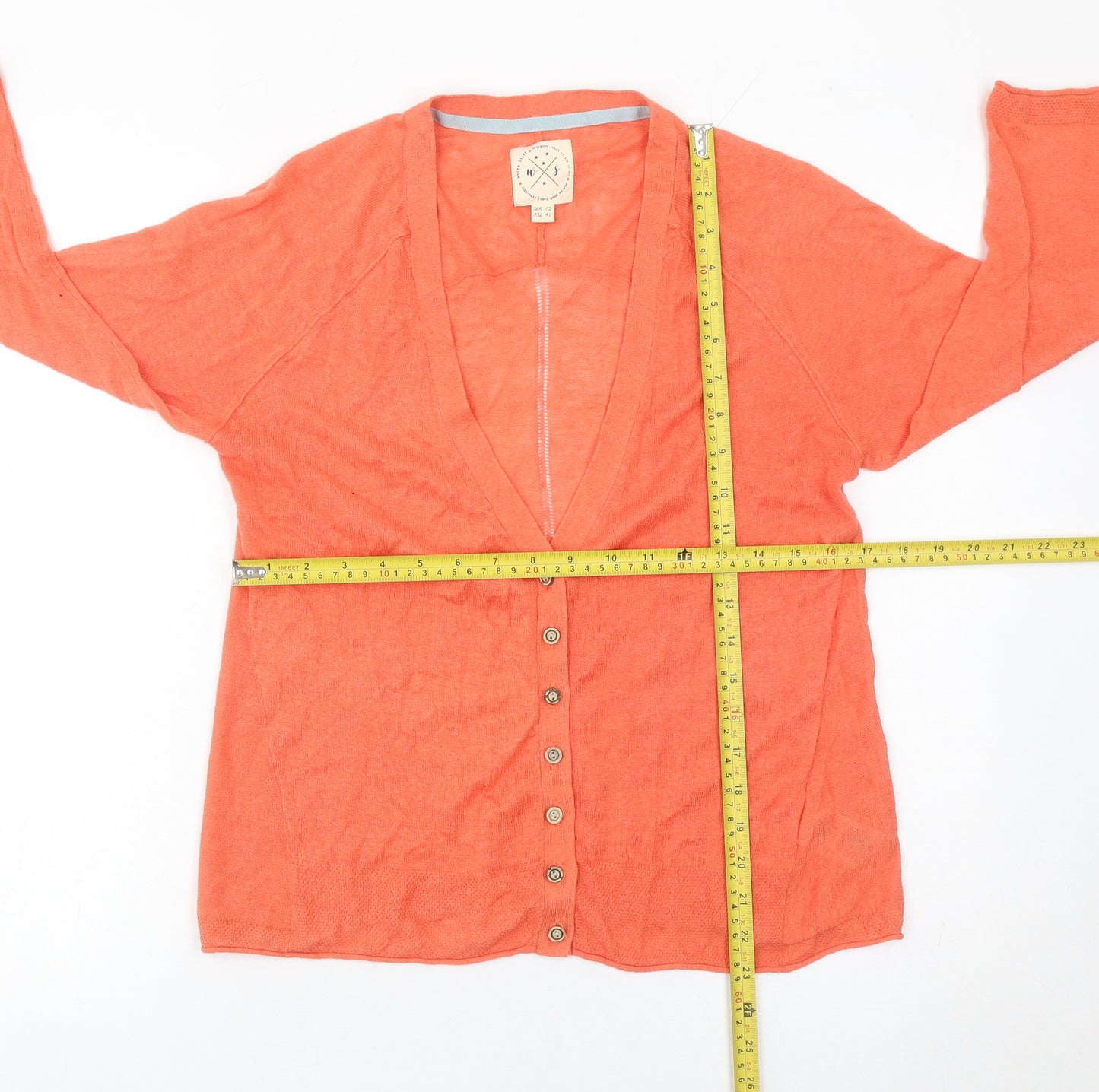 White Stuff Women’s Orange Linen Cotton Cardigan UK 12 V-Neck 3/4 Sleeve