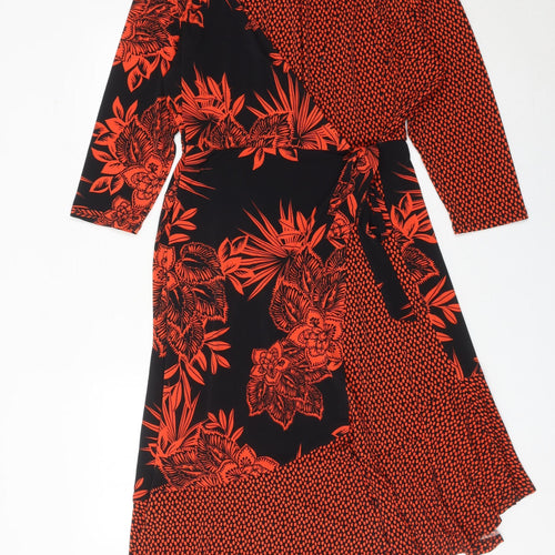 Bonmarché Women’s Black Red Floral Wrap Midi Dress Size 16
