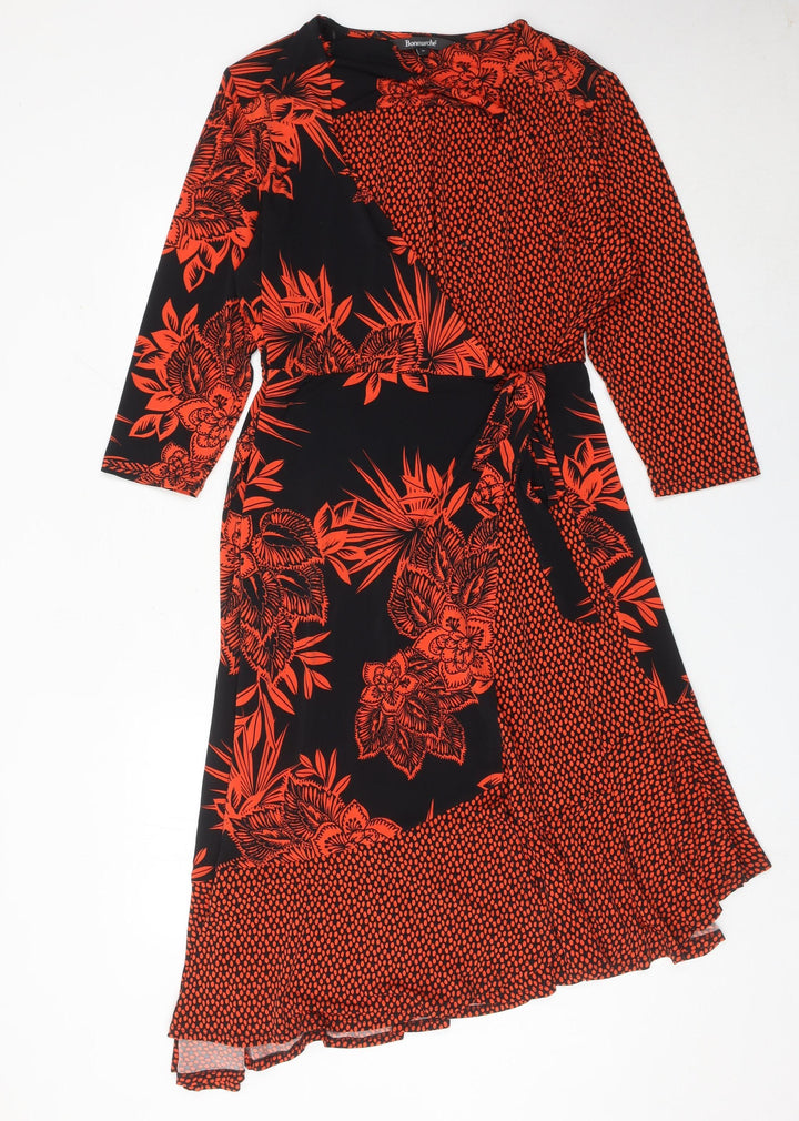 Bonmarché Women’s Black Red Floral Wrap Midi Dress Size 16