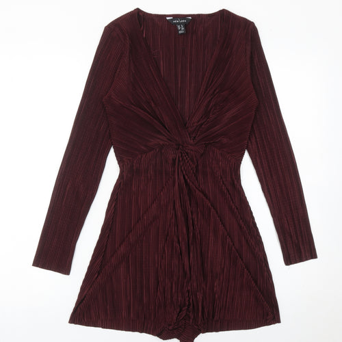 New Look Women’s Red Pleated Playsuit UK 8 Long Sleeve V-Neck