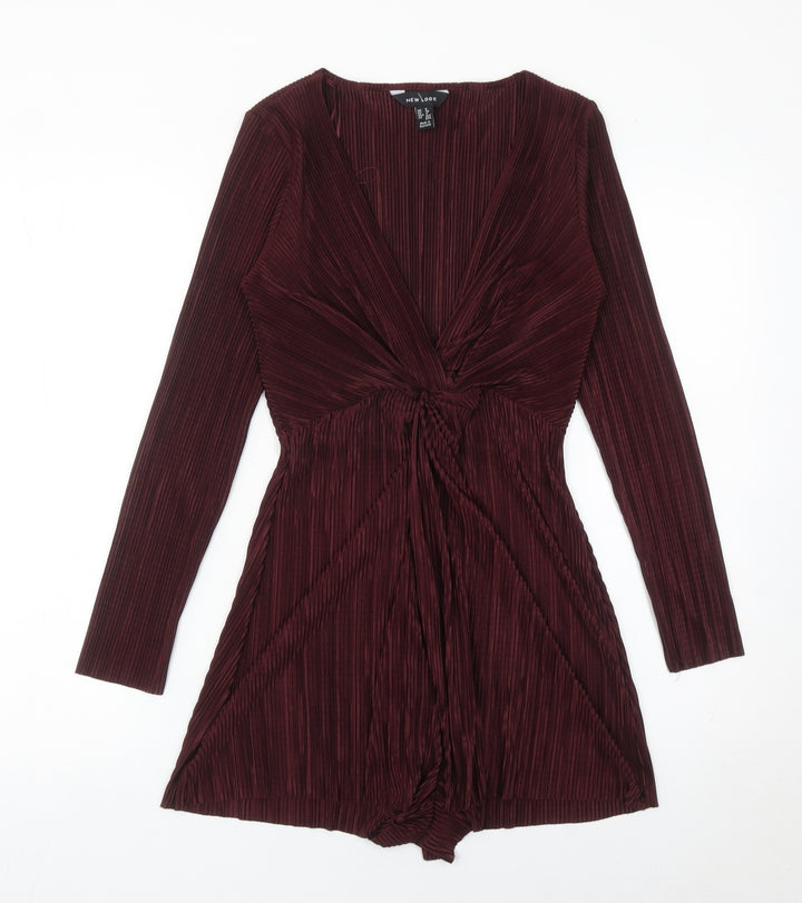 New Look Women’s Red Pleated Playsuit UK 8 Long Sleeve V-Neck