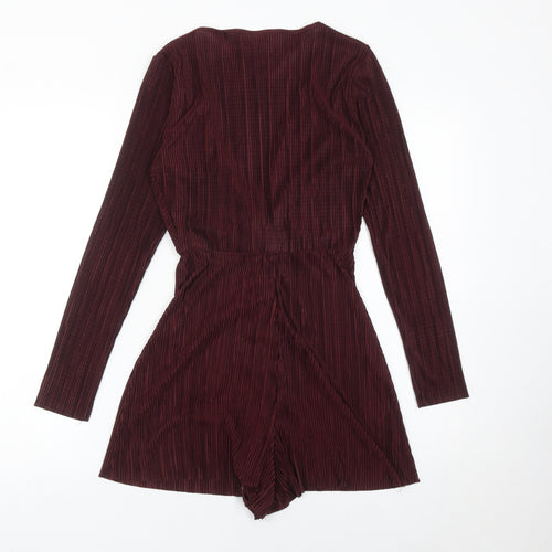 New Look Women’s Red Pleated Playsuit UK 8 Long Sleeve V-Neck