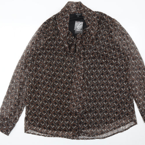 JD Williams Womens Brown Geometric Blouse Size 20 Collared Long Sleeve