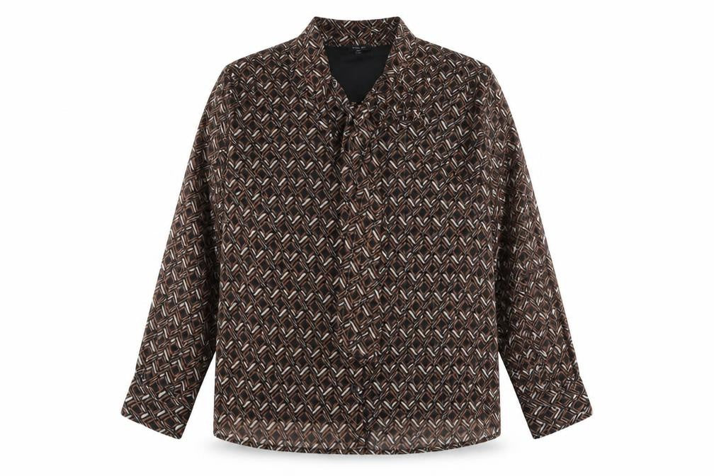 Front view of JD Williams women’s brown geometric blouse, size UK 20, collared long sleeve