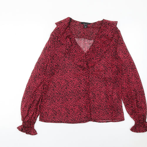 New Look Womens Red Animal Print Ruffle V-Neck Wrap Blouse Size 8
