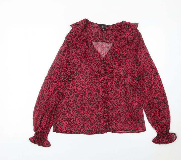 New Look Womens Red Animal Print Ruffle V-Neck Wrap Blouse Size 8