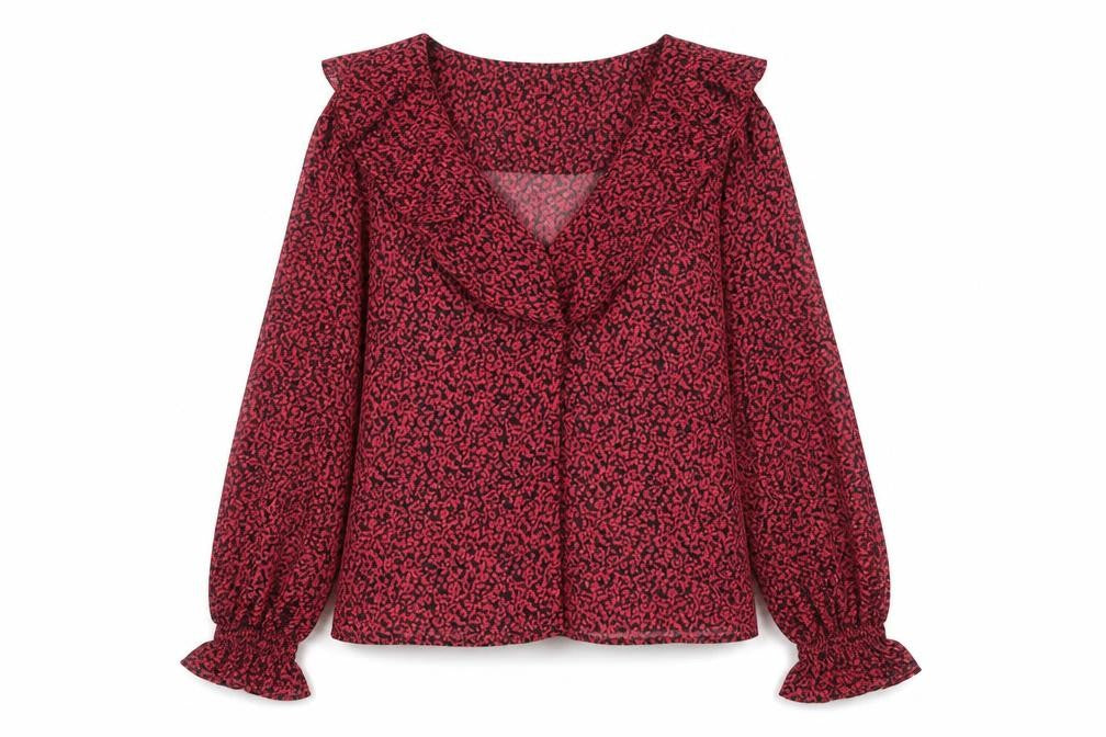 New Look Womens Red Animal Print Ruffle V-Neck Wrap Blouse Size 8