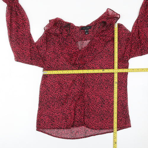 New Look Womens Red Animal Print Ruffle V-Neck Wrap Blouse Size 8