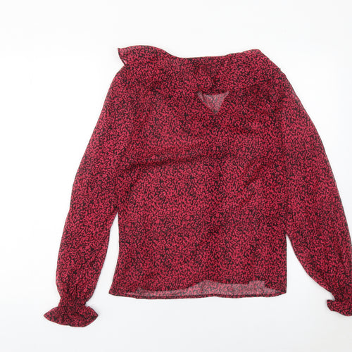 New Look Womens Red Animal Print Ruffle V-Neck Wrap Blouse Size 8