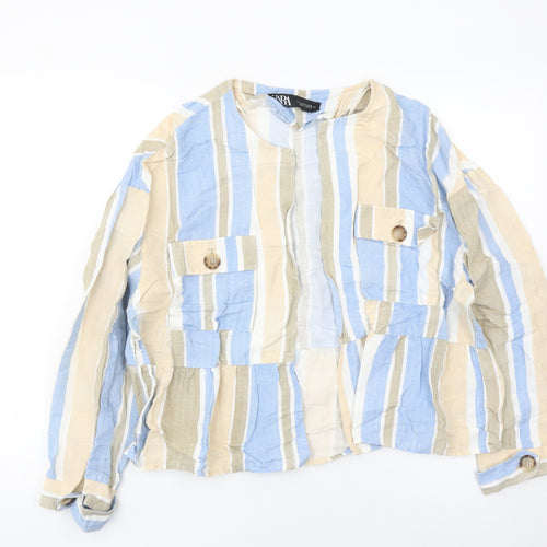 Zara Women Multicoloured Striped Linen Blend Casual Jacket Size 16