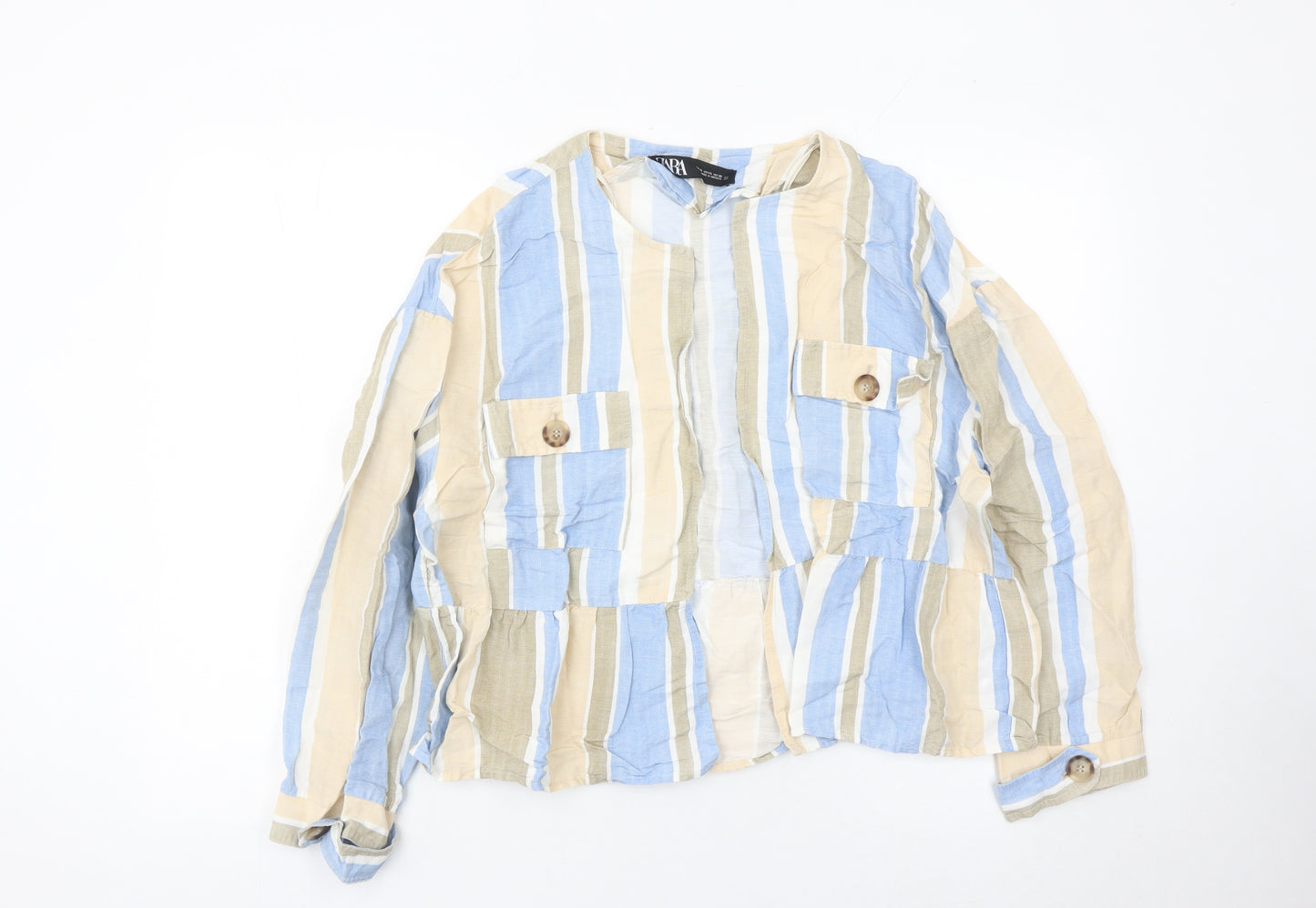 Zara Women Multicoloured Striped Linen Blend Casual Jacket Size 16