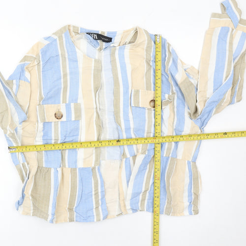 Zara Women Multicoloured Striped Linen Blend Casual Jacket Size 16