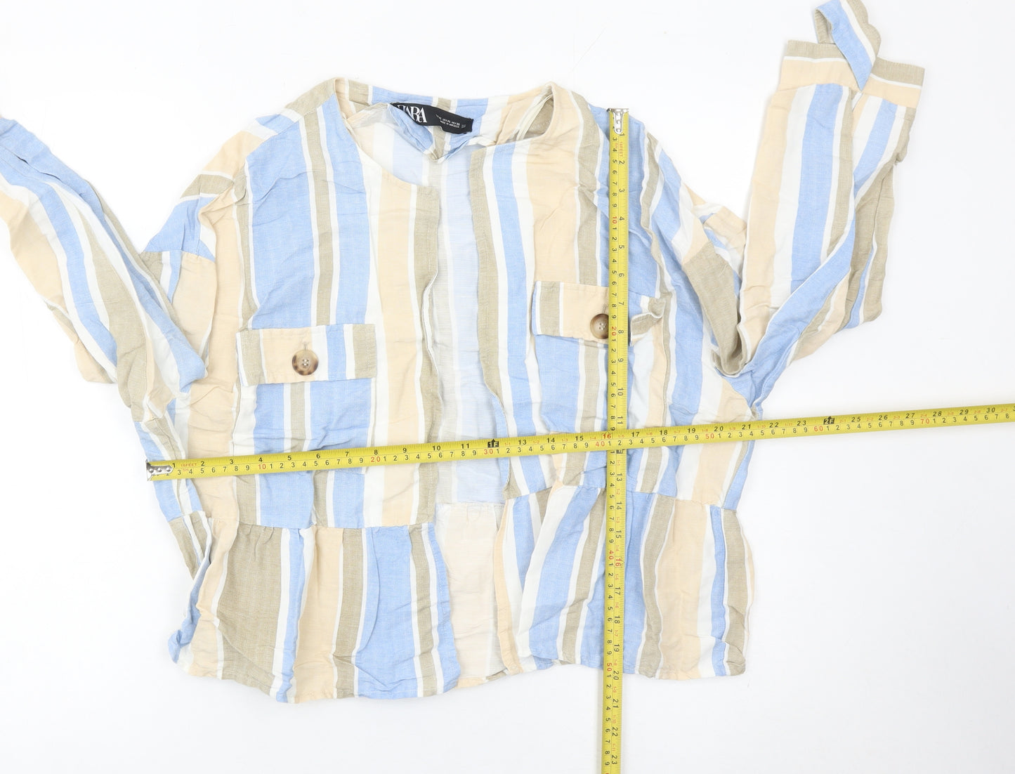 Zara Women Multicoloured Striped Linen Blend Casual Jacket Size 16