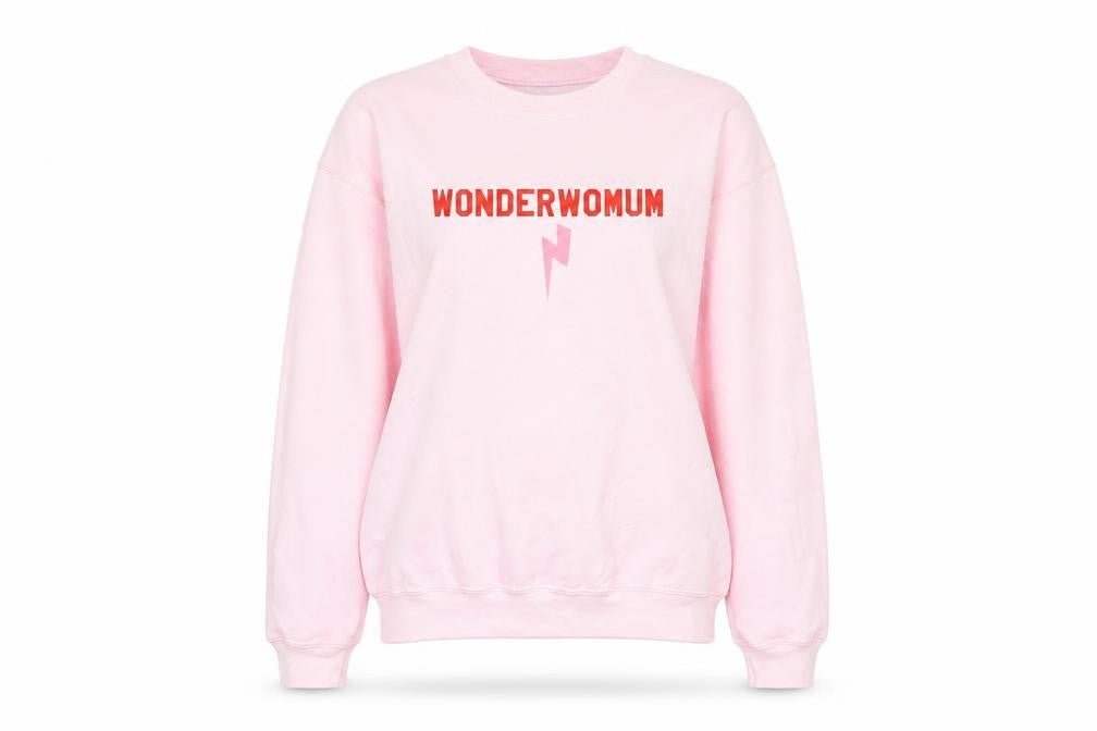 Front view of Rock On Ruby women’s pink wonderwomum sweatshirt m cotton
