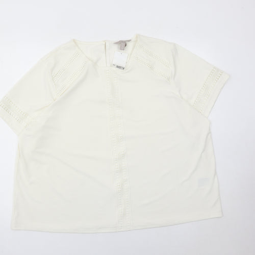 H&M Women Ivory Lace Trim Blouse Tunic Top XL Short Sleeve