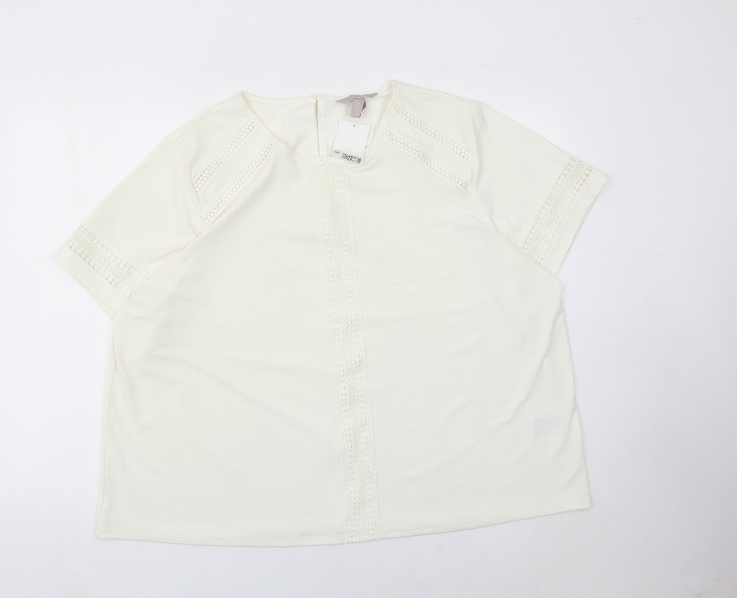 H&M Women Ivory Lace Trim Blouse Tunic Top XL Short Sleeve