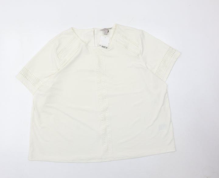 H&M Women Ivory Lace Trim Blouse Tunic Top XL Short Sleeve