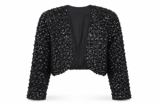 Front view of Linea Privata girls’ black sequin shrug long sleeve party cardigan size 15y