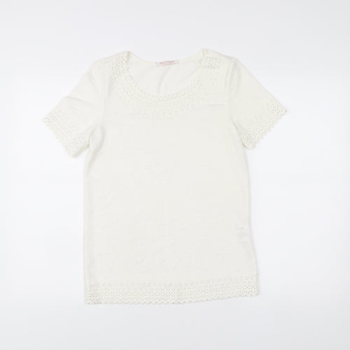 Anna Rose Women’s Ivory Crochet Trim Short Sleeve T-Shirt S