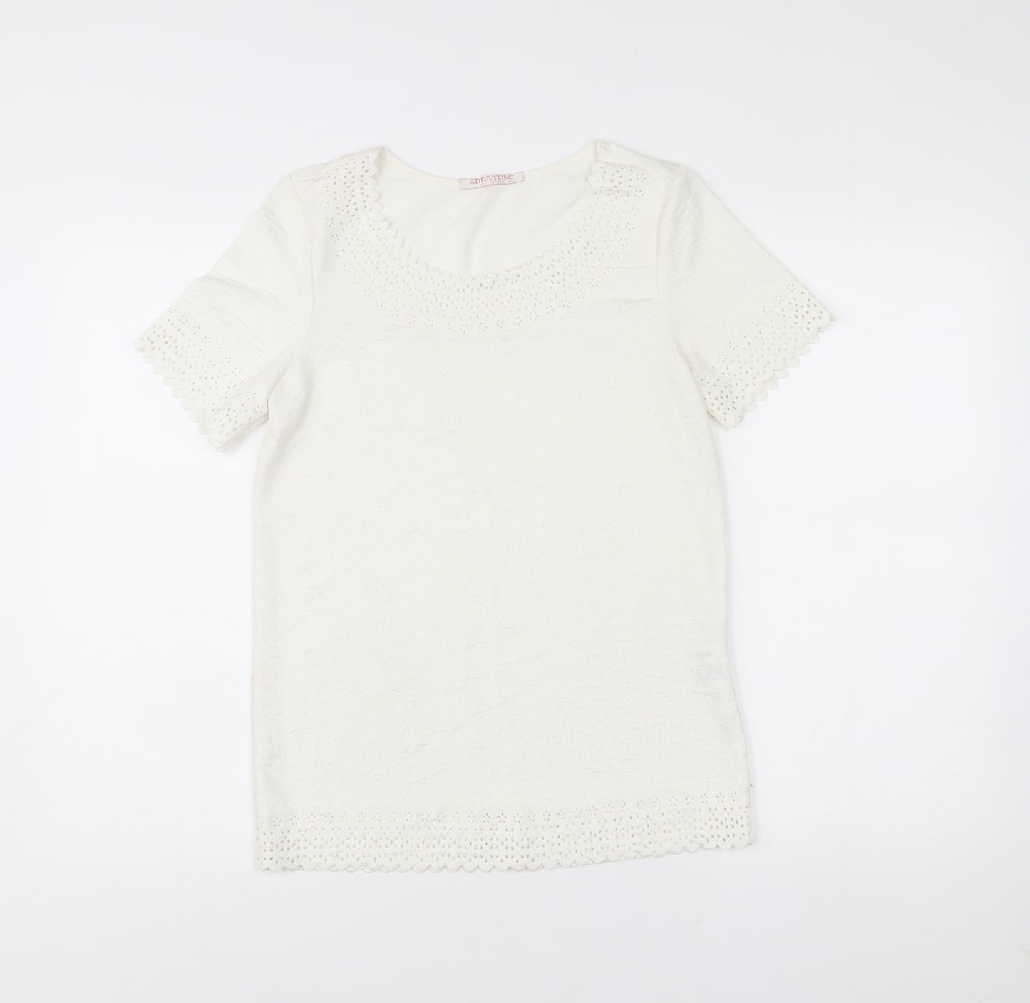Anna Rose Women’s Ivory Crochet Trim Short Sleeve T-Shirt S