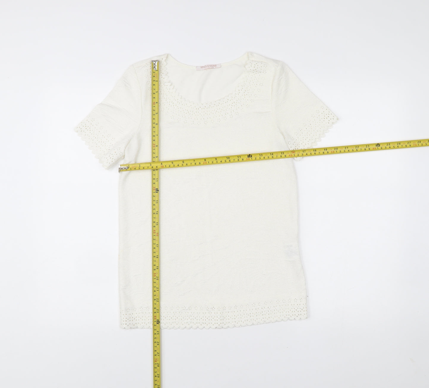Anna Rose Women’s Ivory Crochet Trim Short Sleeve T-Shirt S