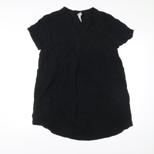 H&M Women Black Viscose Shift Dress Size 12 Short Sleeve V-Neck