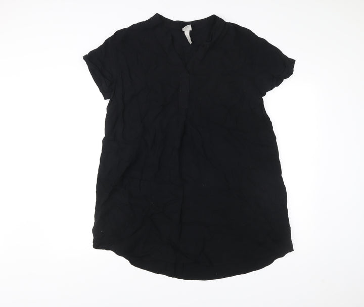 H&M Women Black Viscose Shift Dress Size 12 Short Sleeve V-Neck