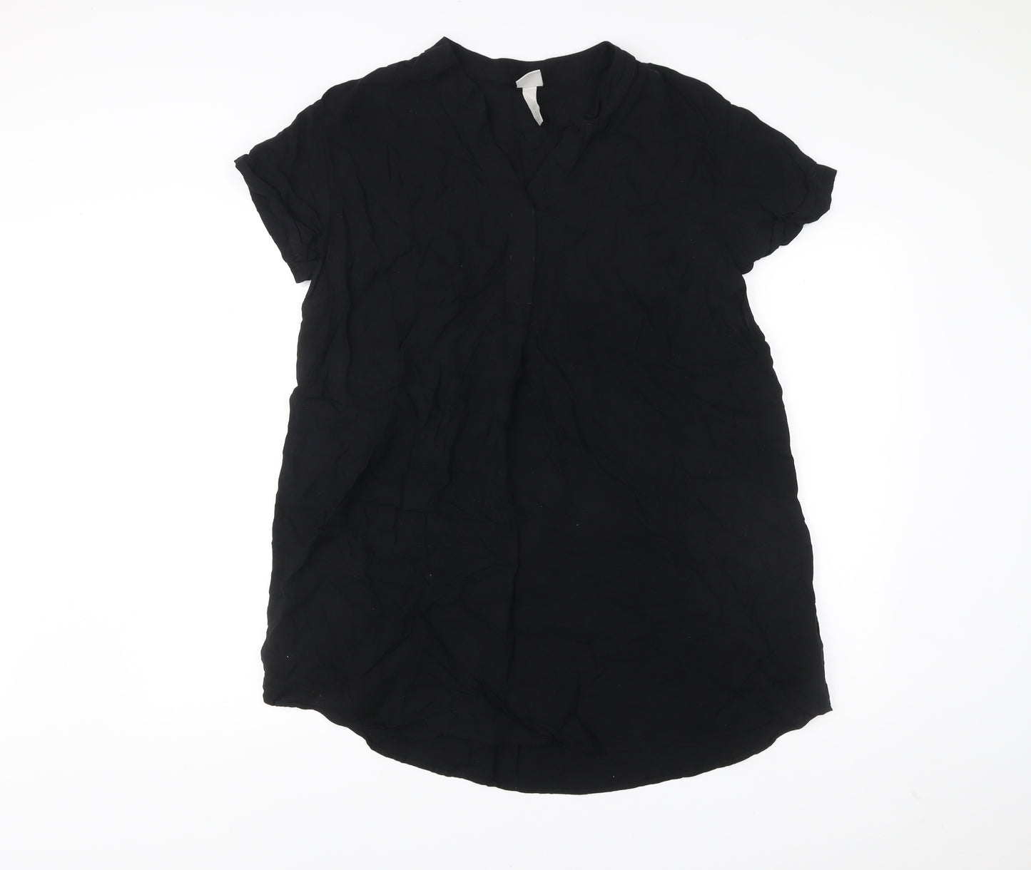 H&M Women Black Viscose Shift Dress Size 12 Short Sleeve V-Neck