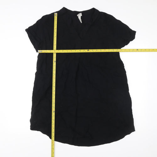 H&M Women Black Viscose Shift Dress Size 12 Short Sleeve V-Neck