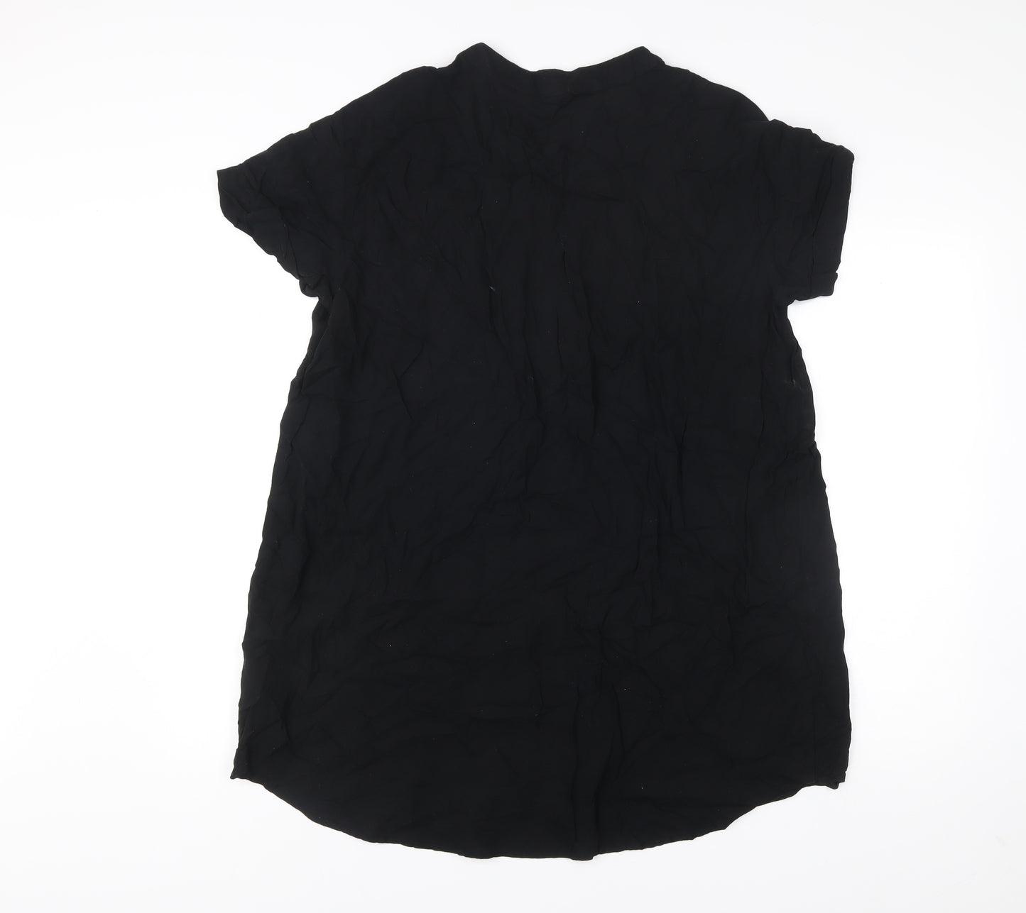 H&M Women Black Viscose Shift Dress Size 12 Short Sleeve V-Neck